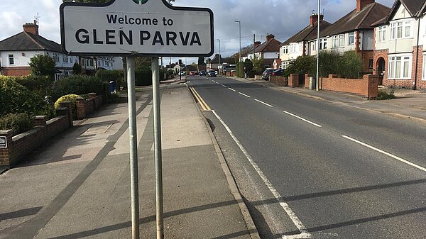 Picture of a street in Glen Parva with a sign